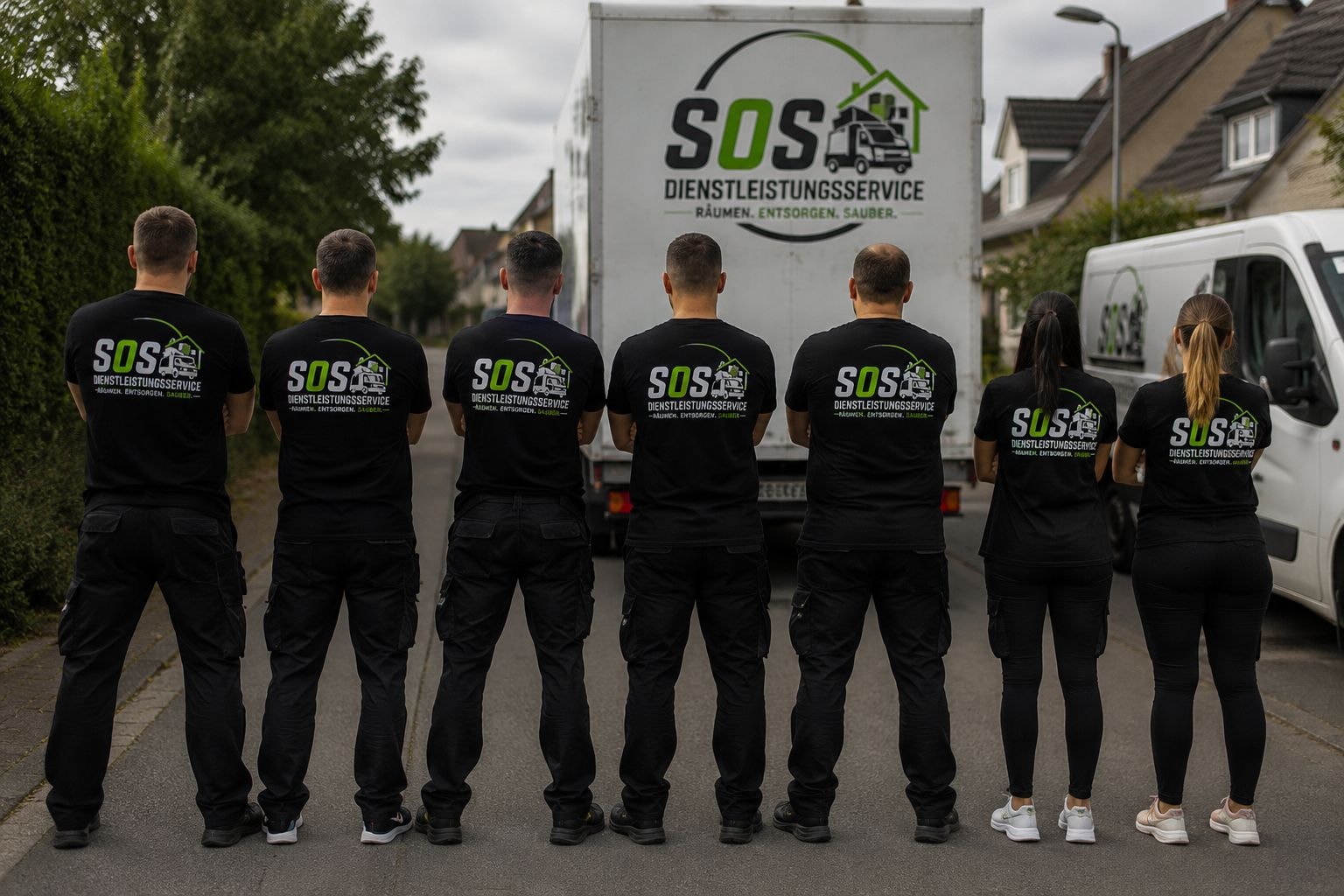SOS Dienstleistungsservice Team – 7 Mitarbeiter in schwarzer Arbeitskleidung vor dem Firmenfahrzeug
